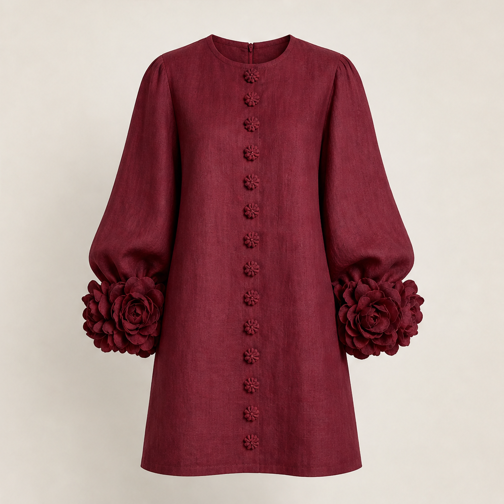 Fioralia – Mini Abito in Lino con Polsini Floreali Burgundy