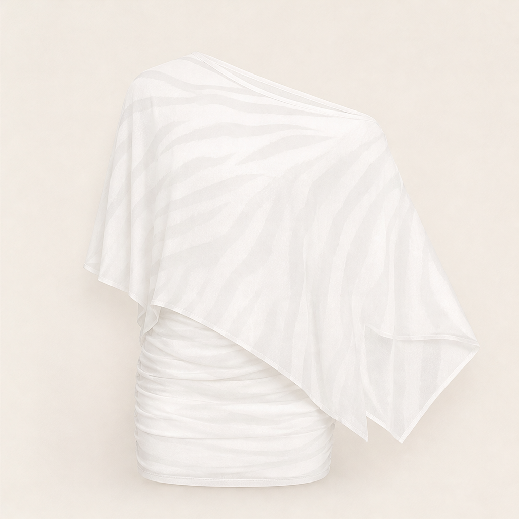 Completo Due Pezzi Marrone con Stampa Tigrata | Top Monospalla con Scialle e Gonna – Elegante in Rete Trasparente