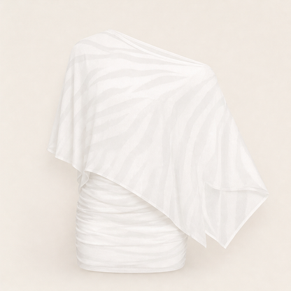Completo Due Pezzi Marrone con Stampa Tigrata | Top Monospalla con Scialle e Gonna – Elegante in Rete Trasparente