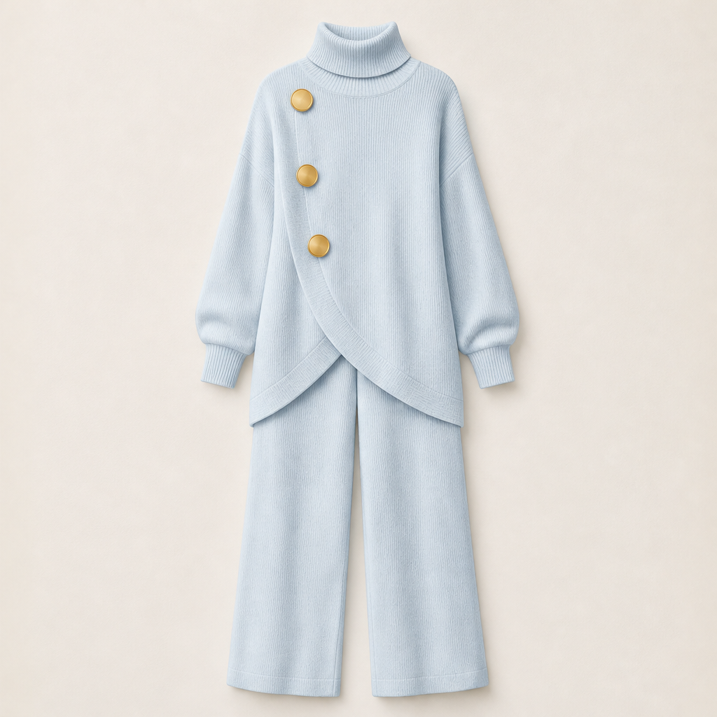 Vellucci – Completo Dolcevita con Bottoni e Pantaloni Palazzo Light Blue