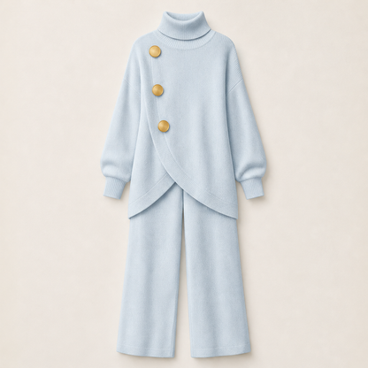 Vellucci – Completo Dolcevita con Bottoni e Pantaloni Palazzo Light Blue