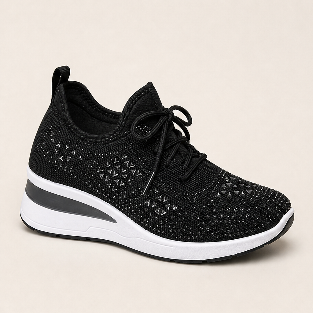 Sneakers Blu Navy in Mesh con Strass | Scarpe con Zeppa e Dettagli Brillanti – Traspiranti con Lacci