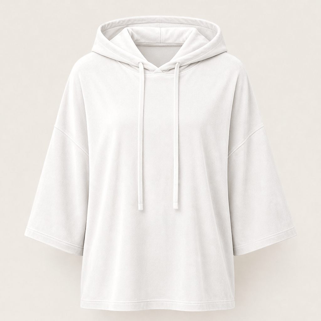 Velmora – Felpa Oversize in Velluto a Maniche 3/4 White