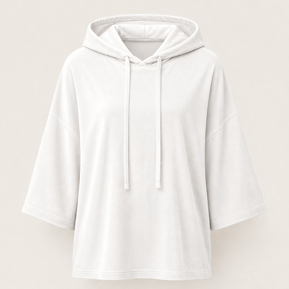Velmora – Felpa Oversize in Velluto a Maniche 3/4 White