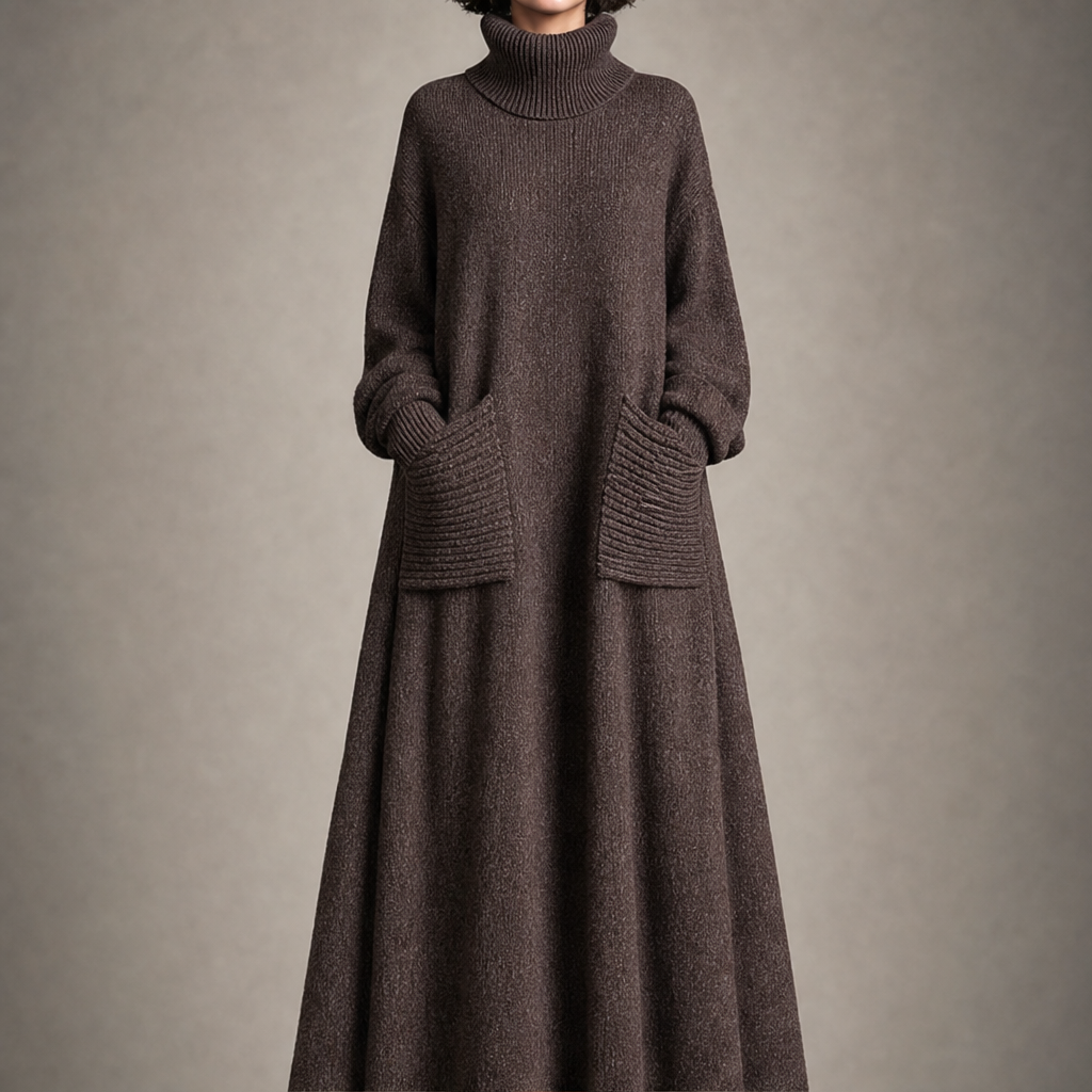 Abito Maxi in Maglia Marrone | Vestito Lungo Elegante a Collo Ampio - Comodo e Versatile Brown