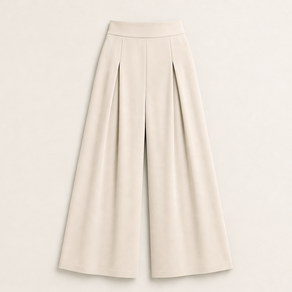 Kuquo – Pantaloni Plissettati a Vita Alta Palazzo Beige