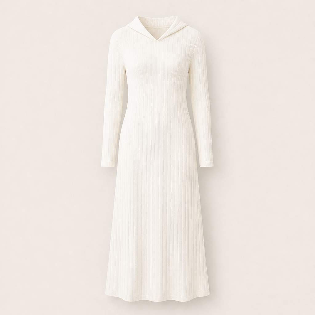 Velorena – Abito Maxi in Maglia a Coste con Cappuccio Beige