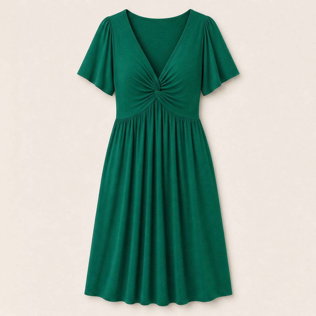 Abito Viola Scollo a V | Vestito Elegante con Nodo Davanti e Tasche - Maniche a Farfalla Emerald Green