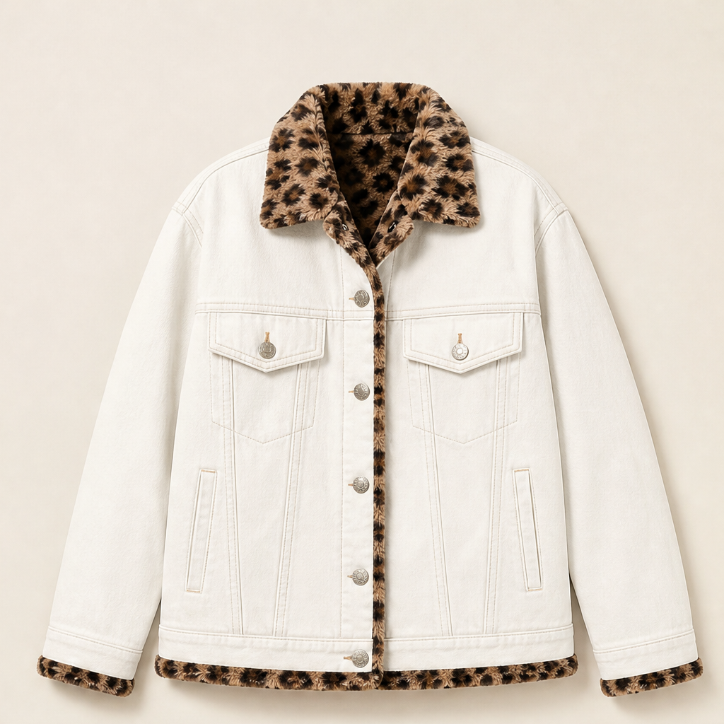 Velmora – Giacca di Jeans Reversibile con Interno Leopardo White
