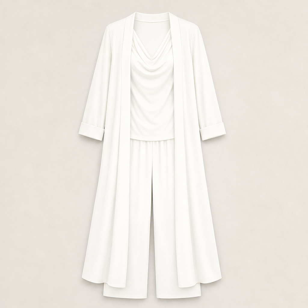 Velmora – Completo 3 Pezzi Top, Pantaloni e Cardigan Lungo White