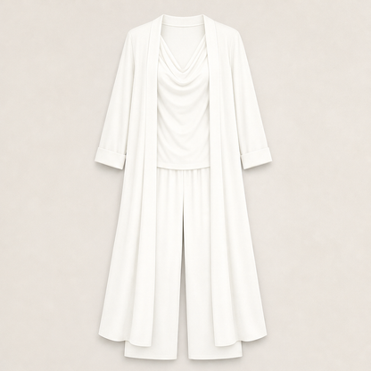 Velmora – Completo 3 Pezzi Top, Pantaloni e Cardigan Lungo White