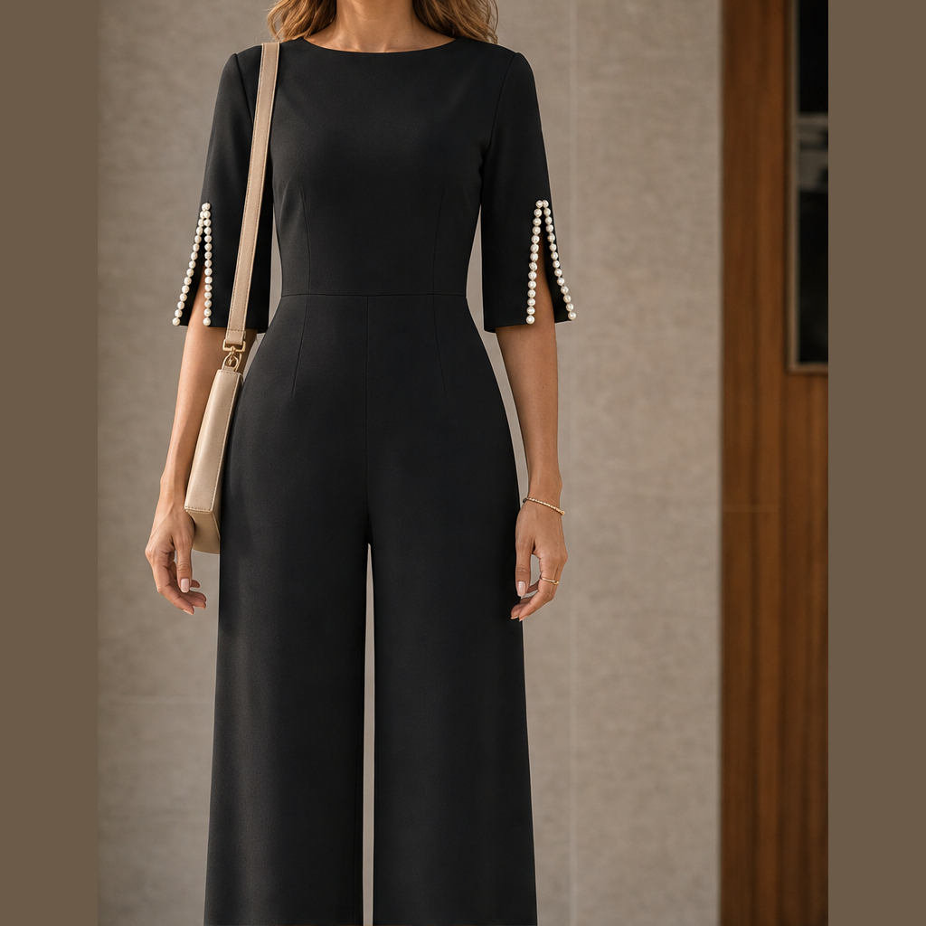 Tuta Elegante con Perline | Jumpsuit Aderente Gamba Ampia - Maniche a 3/4 Impreziosite Black