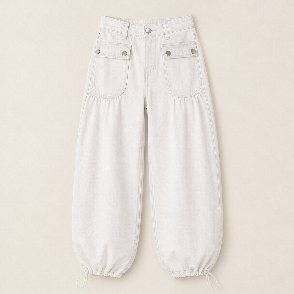 Vallonda – Jeans Baggy a Vita Alta con Coulisse White