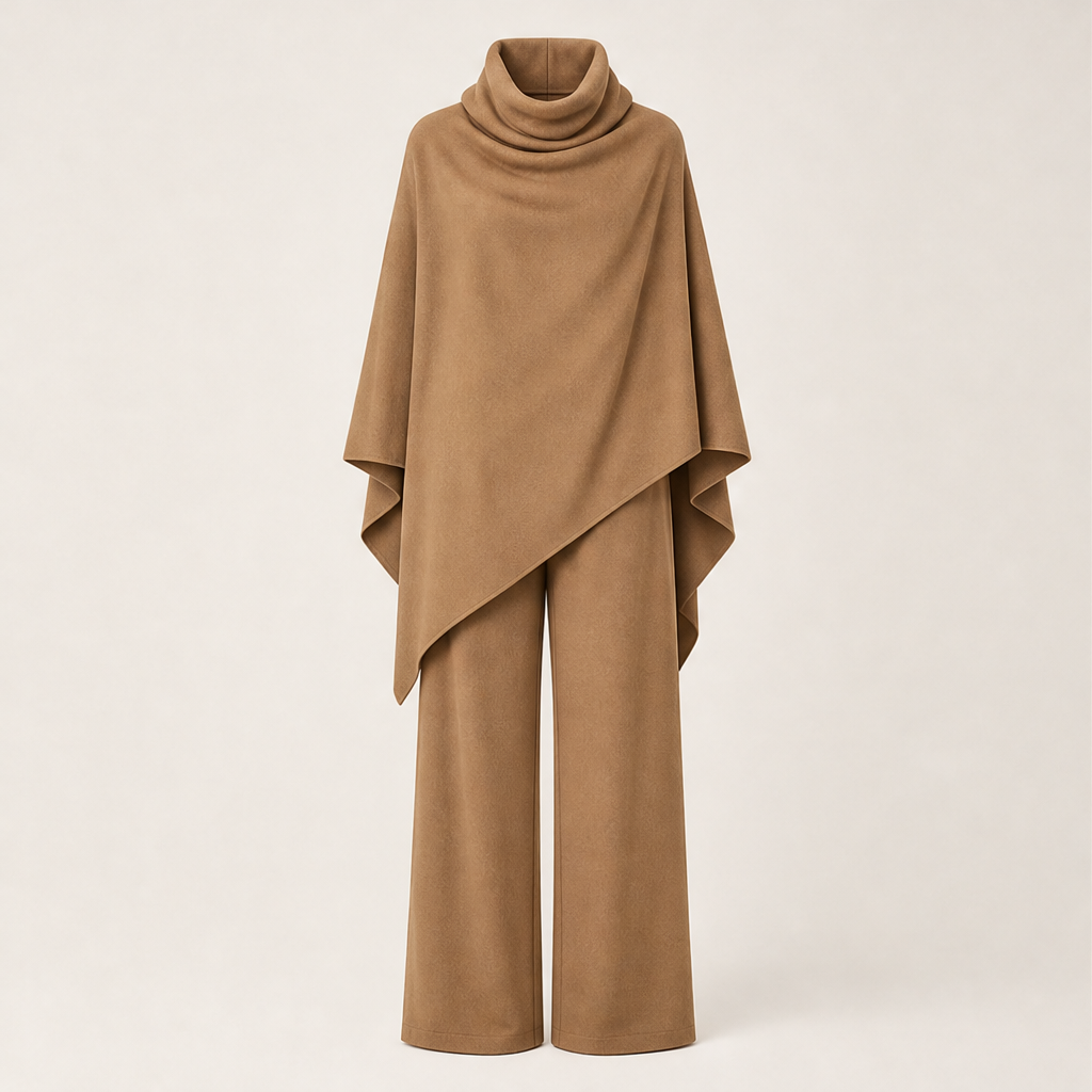 Voralia – Completo Cappa Collo Alto e Pantaloni Larghi Camel
