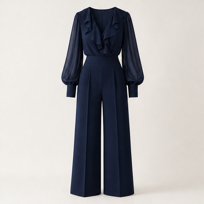 Adeline Women's Ruffled V-Neck Chiffon Top and Wide Leg Trousers Two Piece Set Navy