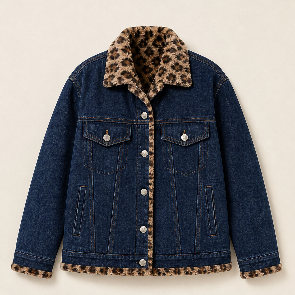 Velmora – Giacca di Jeans Reversibile con Interno Leopardo Navy