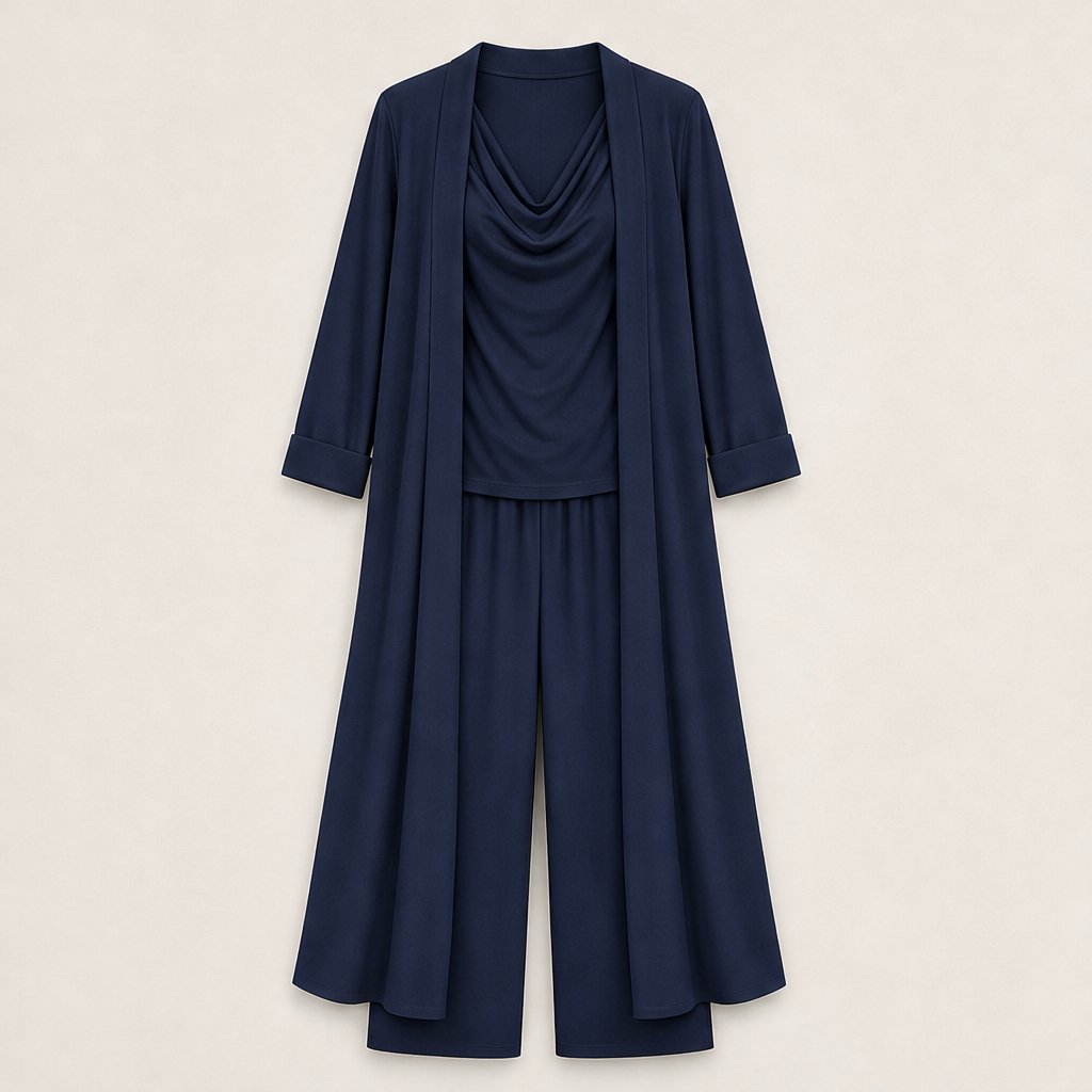 Velmora – Completo 3 Pezzi Top, Pantaloni e Cardigan Lungo Navy