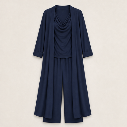 Velmora – Completo 3 Pezzi Top, Pantaloni e Cardigan Lungo Navy