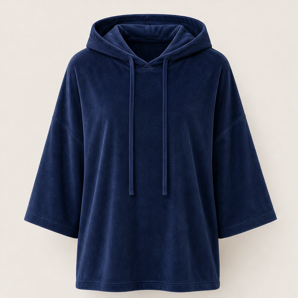 Velmora – Felpa Oversize in Velluto a Maniche 3/4 Navy