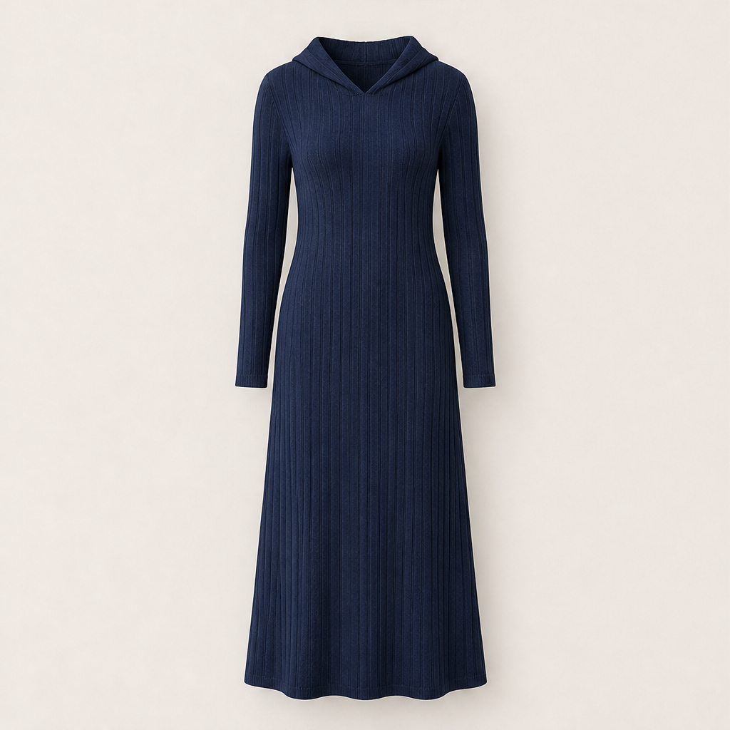 Velorena – Abito Maxi in Maglia a Coste con Cappuccio Navy