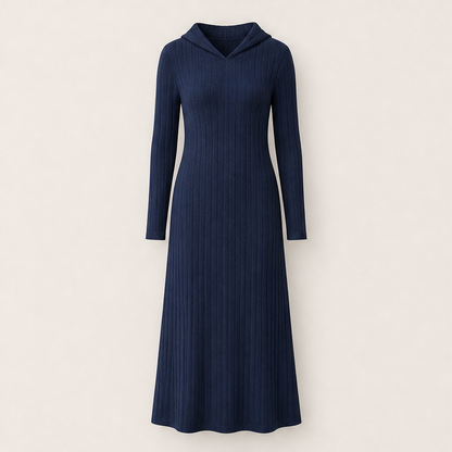 Velorena – Abito Maxi in Maglia a Coste con Cappuccio Navy
