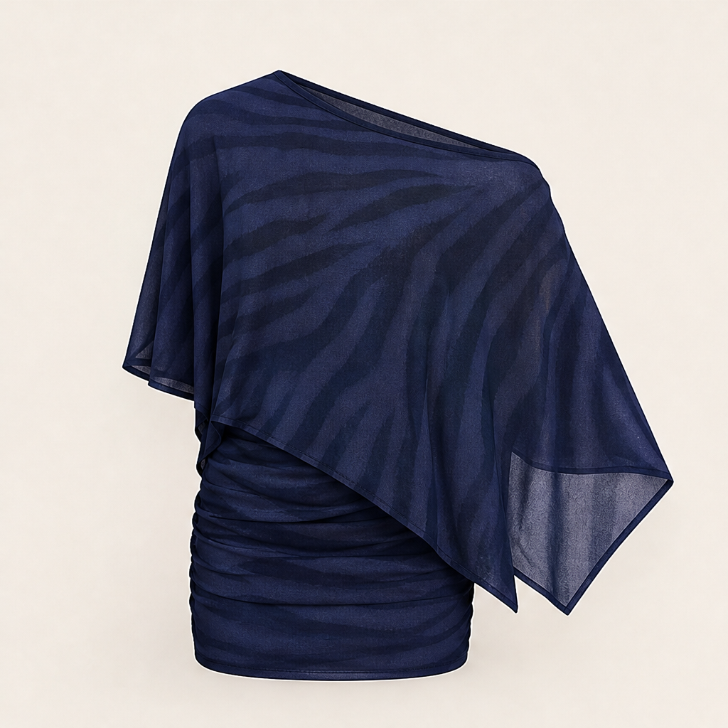 Completo Due Pezzi Marrone con Stampa Tigrata | Top Monospalla con Scialle e Gonna – Elegante in Rete Trasparente