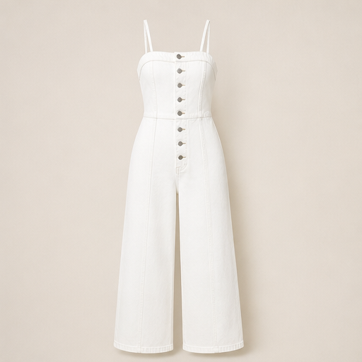 Tuta Denim a Gamba Larga | Jumpsuit con Spalline Sottili - Vita Alta Donna White