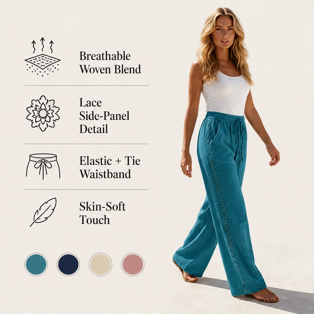 Crochelle Pantaloni da Donna con Bordo all'Uncinetto - Pantaloni Estivi Leggeri a Gamba Dritta con Coulisse e Tasche