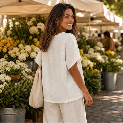 Frayla Top Estivo da Donna con Bordi a Vivo - Maglia Casual Girocollo dalla Vestibilità Comoda