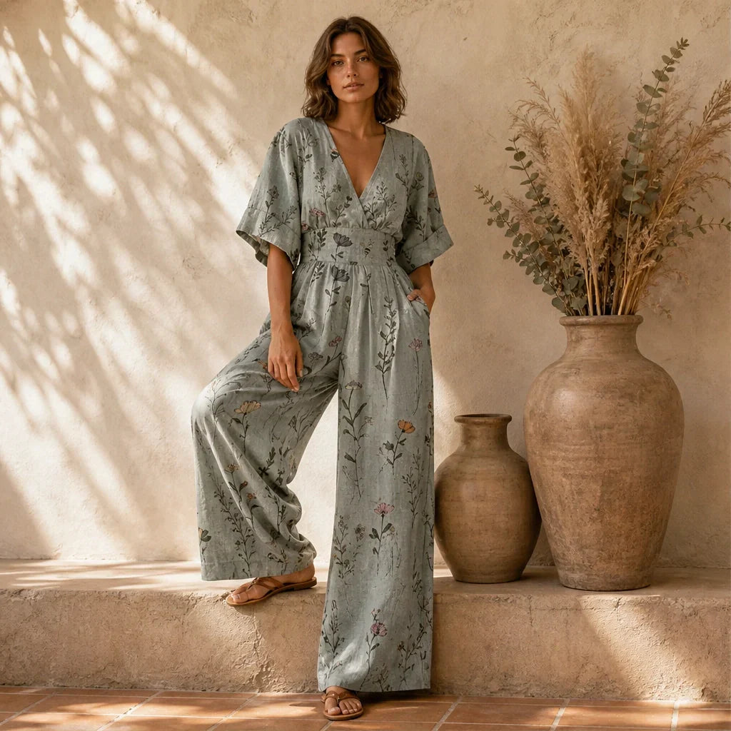 Wrenvale Tuta Floreale da Donna a Gamba Larga - Jumpsuit Estiva Smanicata con Scollo a V e Tasche