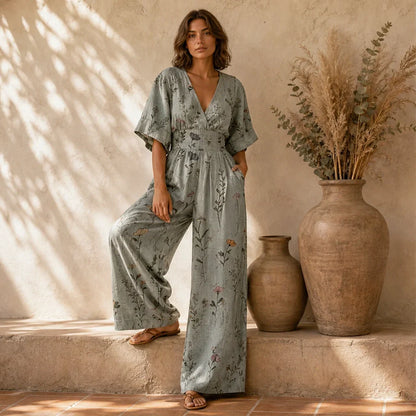 Wrenvale Tuta Floreale da Donna a Gamba Larga - Jumpsuit Estiva Smanicata con Scollo a V e Tasche