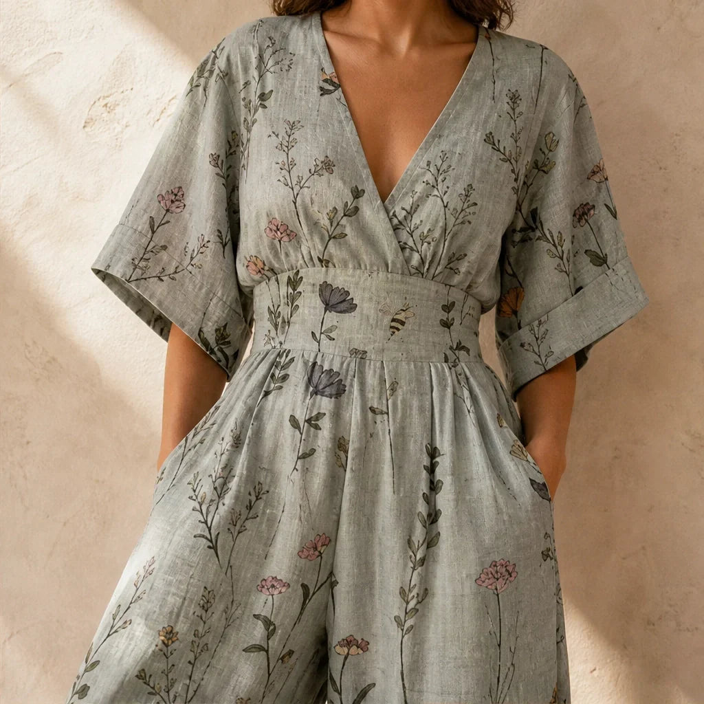Wrenvale Tuta Floreale da Donna a Gamba Larga - Jumpsuit Estiva Smanicata con Scollo a V e Tasche