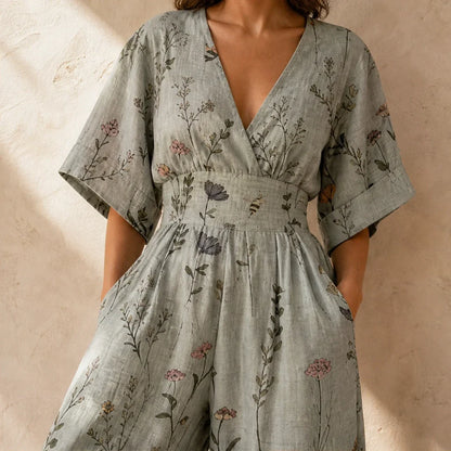 Wrenvale Tuta Floreale da Donna a Gamba Larga - Jumpsuit Estiva Smanicata con Scollo a V e Tasche